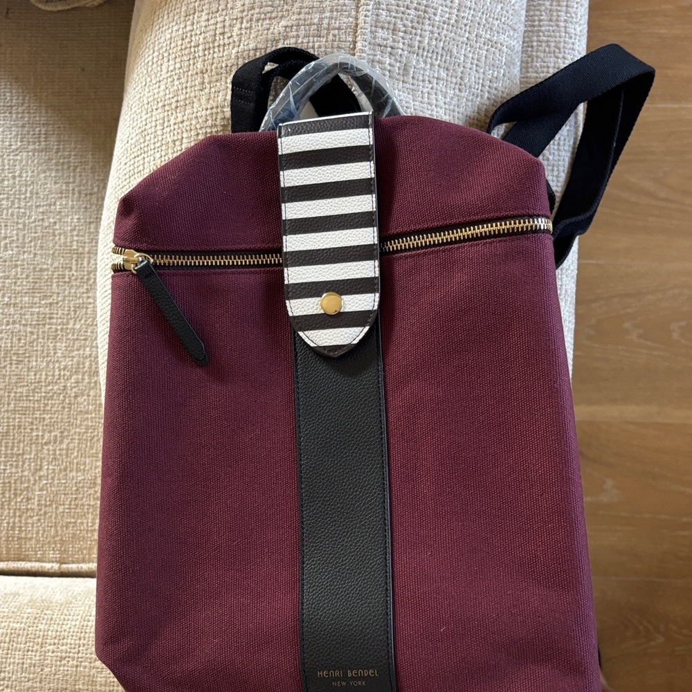 Henri Bendel Convertible Maroon Canvas Backpack with Black Trim